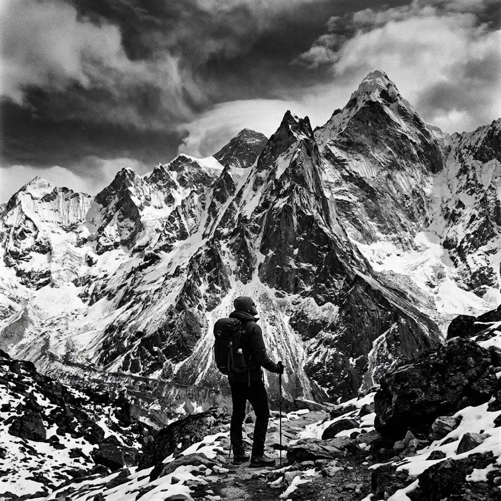 A climber pausing on a high ridge below storm-lit peaks